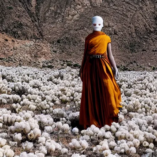 Image similar to The full body shot of beautiful pale woman with white flowers and full-face golden mask in a rocky desert landscape, multiple eyes by Denis Villeneuve, Lubezki, Gaspar Noe and Christopher Doyle, anamorphic lens, anamorphic lens flares, kodakchrome, cinematic composition, practical effects, award winning photo, 8k,