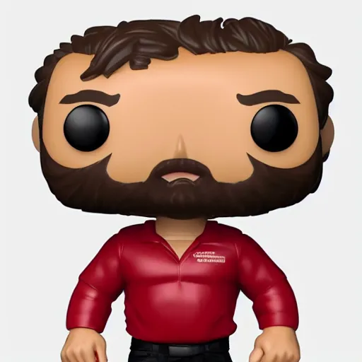 Image similar to a 30 year old a bit overweight white guy with a red tshirt and short dark blonde hair funko pop close up highly detailed photo