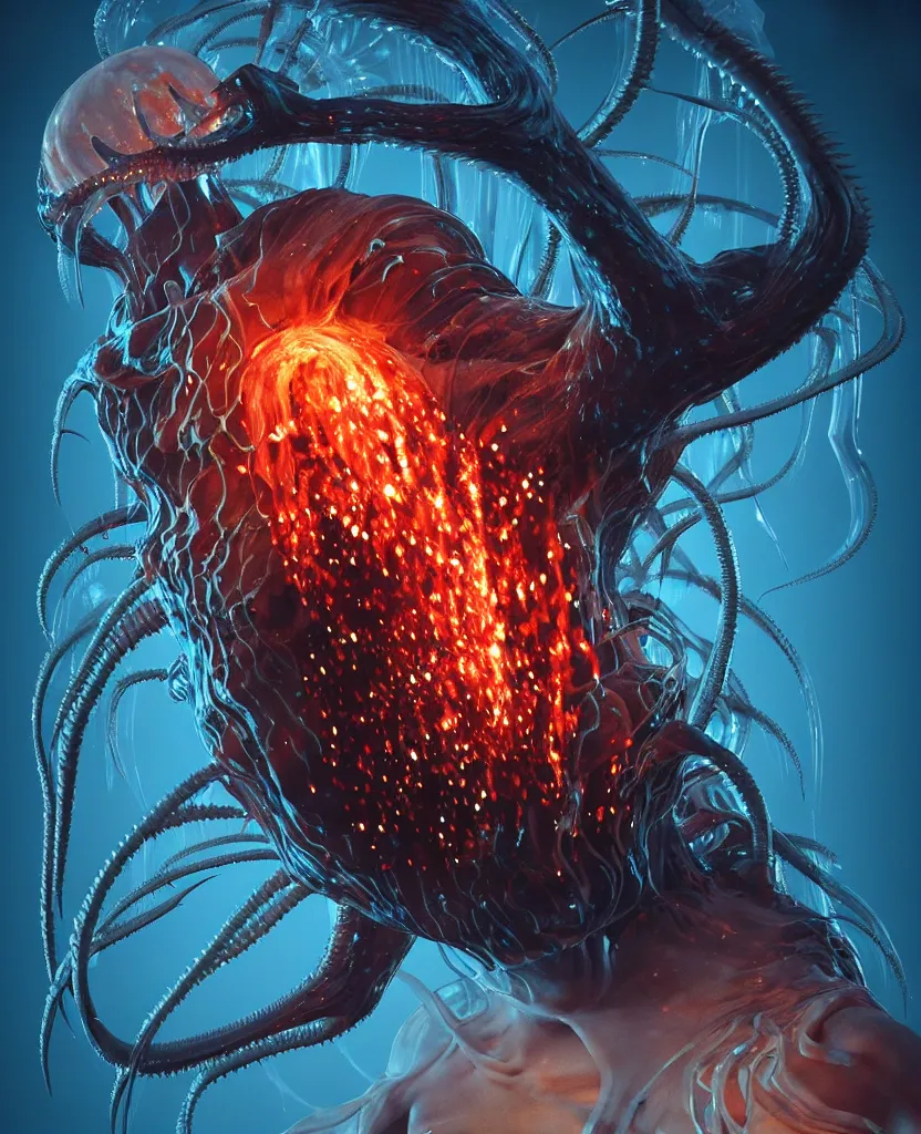 Image similar to The Thing (John Carpenter), epic angle and pose, symmetrical artwork, 3d with depth of field, blurred background, cybernetic jellyfish female face skull phoenix bird, translucent, nautilus, energy flows of water and fire. a highly detailed epic cinematic concept art CG render. made in Maya, Blender and Photoshop, octane render, excellent composition, cinematic dystopian brutalist atmosphere, dynamic dramatic cinematic lighting, aesthetic, very inspirational, arthouse. y Greg Rutkowski, Ilya Kuvshinov, WLOP, Stanley Artgerm Lau, Ruan Jia and Fenghua Zhong