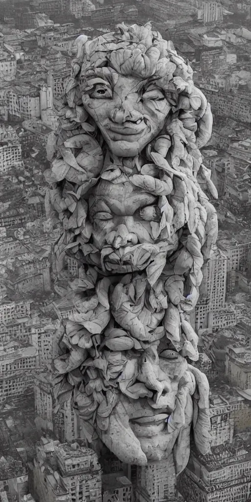 Image similar to colossal grotesque flower proletariat statue made from Lenin heads in the middle of abandoned early soviet constructivist cityscape, Stalinist architecture, ultradetailed by Hayao Miyazaki and Josan Gonzalez and Makoto Shinkai and Giuseppe Arcimboldo and Wes Anderson