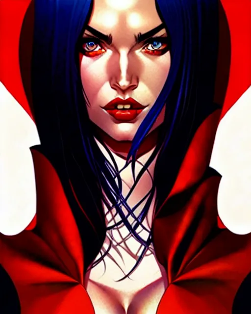 Image similar to artgerm, joshua middleton comic cover art, full body pretty megan fox vampire sharp teeth, red dress, symmetrical eyes, symmetrical face, long curly black hair, dark castle background background, cinematic lighting