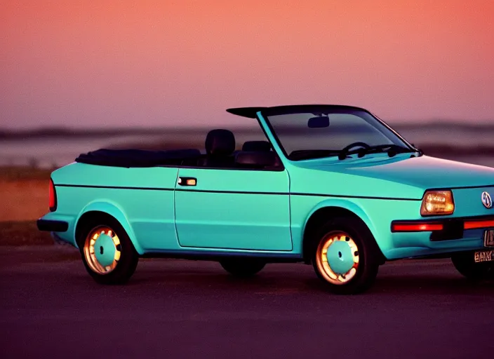 Image similar to color photo of a volkswagen golf cabriolet the 8 0's. gradient sky in the background. new wave style