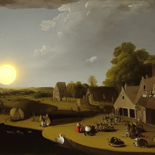 Image similar to dark solar eclipse, above a village, highly detailed, studio 4 k quality, by pieter claesz