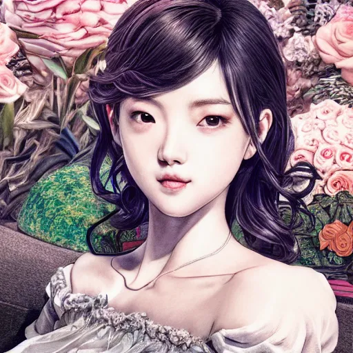 Prompt: the portrait of an absurdly beautiful, elegant, graceful gravure idol made, hyperrealistic illustration by kim jung gi, colorful, extremely detailed intricate linework, detailed faces, smooth, super sharp focus, bright colors, high contrast, matte, octopath traveler, final fantasy, unreal engine 5 highly rendered, global illumination, radiant light ， n 4