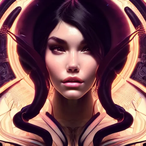 Prompt: the face of beautiful, grand, soft, polished, enticing cyborg madison beer | obsidian bumblebee ferrai devil | an ultrafine hyperrealistic illustration by artgerm and mucha and beeple : : intricate linework, final fantasy, unreal 5, octane render, global illumination, radiant light, intricate environment