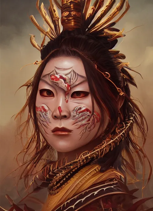 Image similar to a beautiful detailed oil on copper art illustration of a waka onna mask shogun devil woman, centered, by charlie bowater, zeng fanzh, trending on artstation, dim dusk lighting, cinematic lighting, detailed lighting, volumetric lighting, realistic, f 8, 4 k hd wallpaper