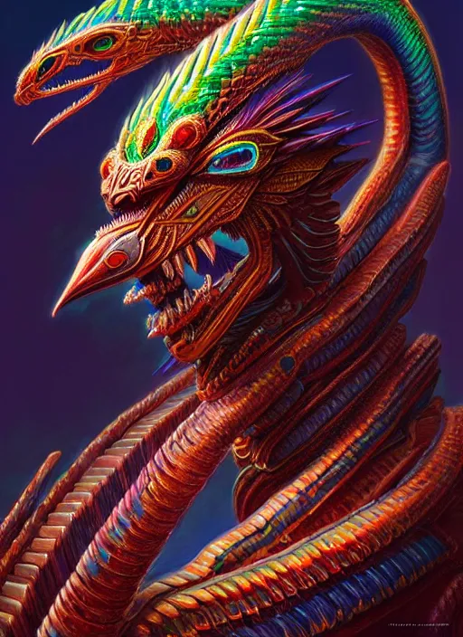 Prompt: hyper detailed ultra sharp quetzalcoatl warrior trance man. trending on artstation, warpaint aesthetic, earthwave, colorful, neon, ornate, intricate, digital painting, concept art, smooth, sharp focus, illustration, art by artgerm and greg rutkowski and h. r. giger, 8 k