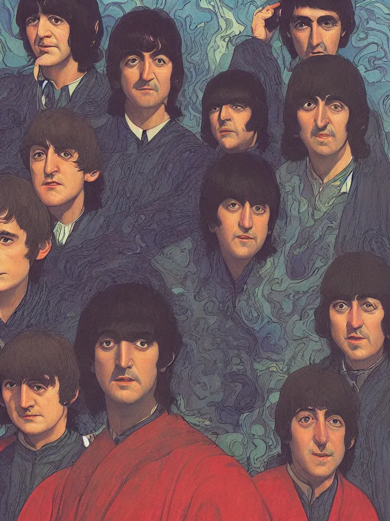 Image similar to an close up of the beatles as a characters from the lord of the rings, taking mind altering drugs, dreaming psychedelic hallucinations in the vast mordor landscape, by kawase hasui, moebius, edward hopper, colorful flat surreal design, dramatic lighting, hd, 8 k, artstation