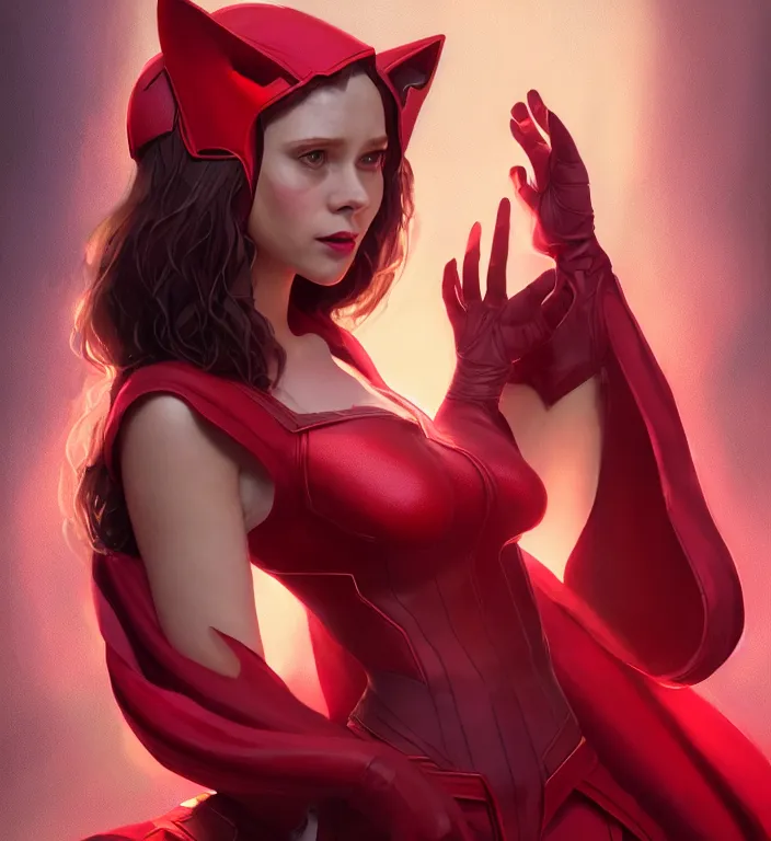 Image similar to Sweetie Fox as Scarlet Witch, portrait, full body, hyper detailed, digital art, trending in artstation, cinematic lighting, studio quality, smooth render, unreal engine 5 rendered, octane rendered, art style by klimt and nixeu and ian sprigger and wlop and krenz cushart