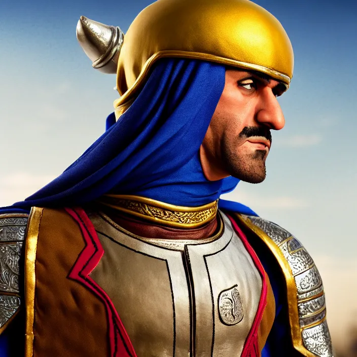 Prompt: cinematic portrait, captain falcon as sheik mohammad ruler of dubai, head and torso only, masterpiece, medieval arabia, sharp, details, hyper - detailed, hd, 4 k