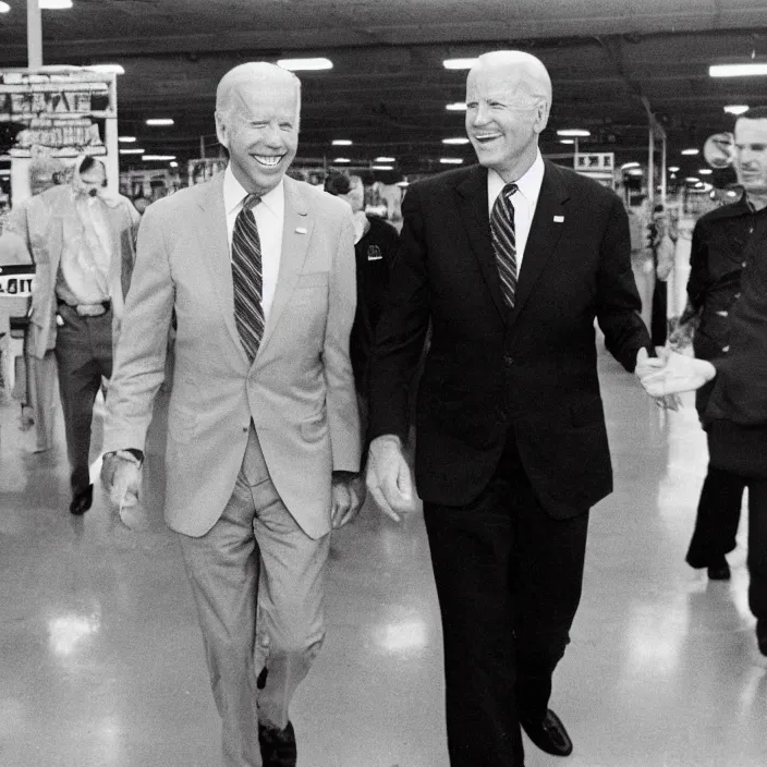 Prompt: Joe Biden walking with Lee Harvey Oswald in Walmart, detailed photograph