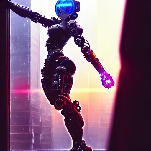 Image similar to refractions on lens, full round face, biomechanical details, beautiful cyborg girl fighting a mech in the style of arcane, cyberpunk anime art, full body shot, rain, wet street, window reflections, lens flare, wlop, ilya kuvshinov, artgerm, krenz cushart, greg rutkowski