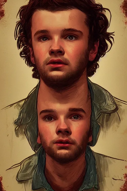 Prompt: portrait of eddie munson from season 4 of stranger things, 8k, rich vivid colors, cinematic lighting, digital art, illustration, french noveau, alphonse mucha, artstation