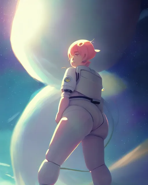 Image similar to a cute thicc astronaut alien girl, floating through empty space, backlit, epic photo ， by makoto shinkai an krenz cushart