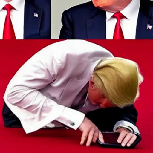 Prompt: Donald Trump crying because he dropped his mobile phone on the floor. His phone is flat on the floor.