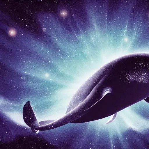 Prompt: portrait of space whale swimming on a dark night sky in space, flying across the universe, oniric, dreamy, beautiful, highly detailed, realistic, cinematic, dynamic composition