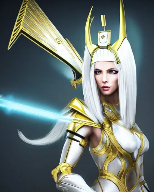 Image similar to perfect white haired attractive egyptian goddess with green eyes, warframe armor, pharaoh headdress, beautiful, symmetric, dreamy, half asian, pretty face, charlize theron, detailed, scifi platform, laboratory, experiment, 4 k, ultra realistic, epic lighting, android body, illuminated, cinematic, masterpiece, art by akihito tsukushi, voidstar