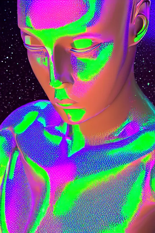 Prompt: 3d render of holographic human robotic bust made of glossy iridescent, bust, surrealistic 3d illustration of a human non-binary, non binary model, 3d model human, cryengine, made of holographic texture, holographic material, holographic rainbow, concept of cyborg and artificial intelligence