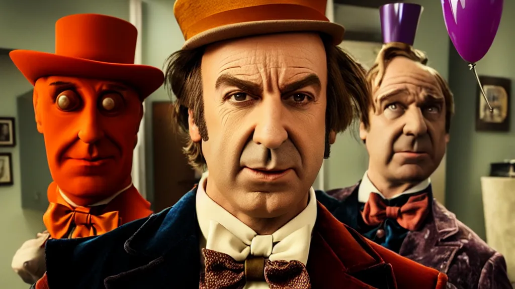 Image similar to saul goodman as Willy Wonka, film still from the movie directed by Denis Villeneuve with art direction by Salvador Dalí, wide lens