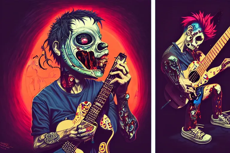 Image similar to zombie punk rocker playing acoustic guitar, tristan eaton, victo ngai, artgerm, rhads, ross draws, intricated details, 3 / 4 view, full body portrait