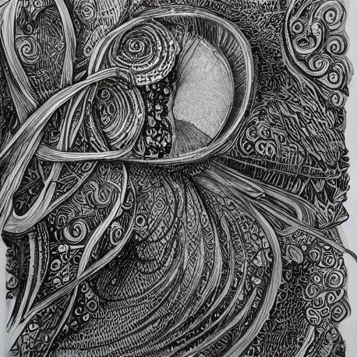 Image similar to escapism, detailed intricate sketch, 4k, illustration, cross hatched, black ink on white paper