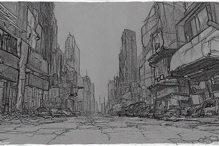 Prompt: a drawing of a post apocalyptic city street by Moebius