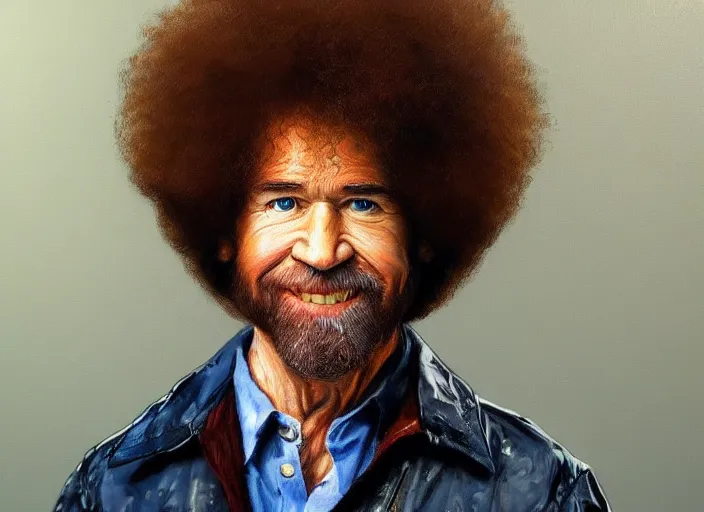 Image similar to a hyper-detailed oil portrait of Bob Ross; an extraordinary masterpiece!!!; flawless; proud posture; photorealistic eyes; trending on artstation; f/1.4; 90mm