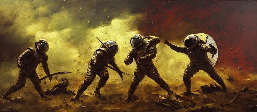 Prompt: battle scene, gladiator - astronaut using knives, segmented armor, luminist style, tonalism, dramatic lighting, action scene, palette knife, frenetic brushwork, chiaroscuro, figurative art, detailed, proportions, spatter, dust, atmospheric, volumetric lighting, red iron oxide, raw sienna, and sage green