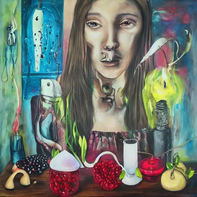 Image similar to “ surrealism, a portrait in a female art student ’ s apartment, mushrooms, sensual, art supplies, a candle dripping white wax, berry juice drips, acrylic and spray paint and oilstick on canvas, neoexpressionism ”