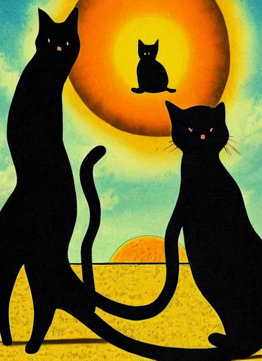 Image similar to a black cat standing on top of a yellow sun, a storybook illustration by sara saftleven, behance contest winner, nuclear art, sunrays shine upon it, god rays, digital illustration