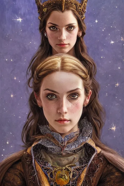 Image similar to high quality extremely detailed portrait of a young gorgeous female warlock looking away from the camera, detailed eyes, sparkle in eyes, no hands visible, fantasy, d & d, intricate, painting by lucian freud and mark brooks, hd