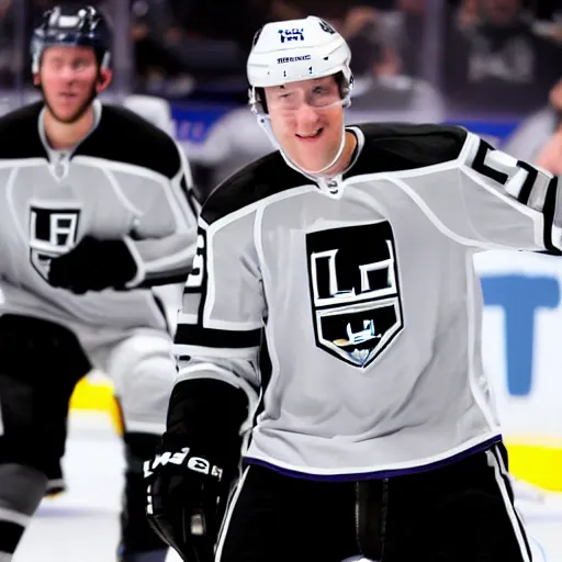 Prompt: mark zuckerberg playing for the los angeles kings hockey team, sports broadcast, sports photography