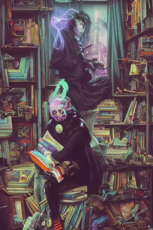 Image similar to cybergoth guy reading a book in a cluttered messy 9 0 s bedroom, artgerm, tom bagshaw, gerald brom, vaporwave, vaporwave colors, 9 0 s, 9 0 s aesthetic, perfect face, detailed face, symmetrical face,