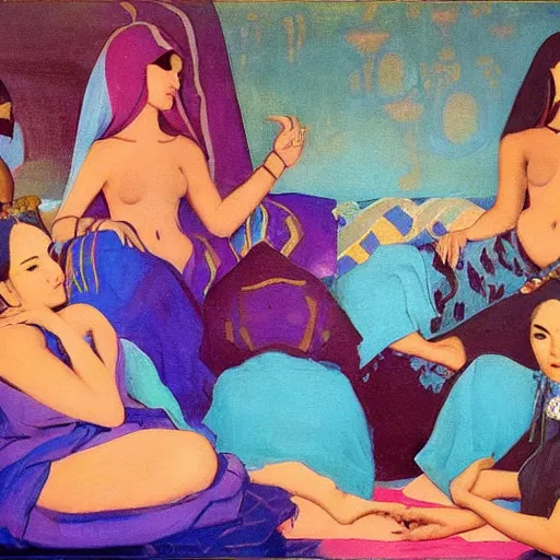 Prompt: a detailed oil painting of a harem with arabic patterns, turquoise and purple fire, by nicholas roerich, by frank frazetta by georgia o keeffe by frederick william elwell, by hans emmenegger, by bruce pennington, by eyvind earle highly detailed, realistic, outline, line work, oriental,