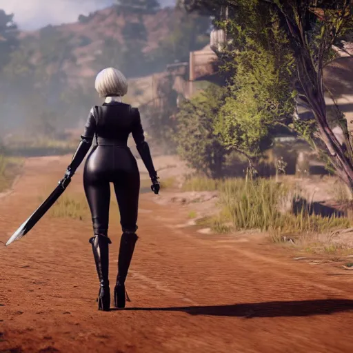 Image similar to Film still of a woman cosplaying as 2B nier automata wearing skintight clothes riding a horse, from Red Dead Redemption 2 (2018 video game), trending on artstation, artstationHD, artstationHQ