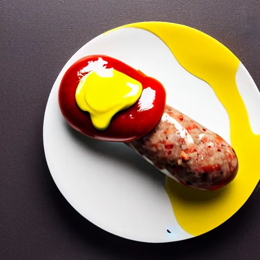 Prompt: commercial photo of a sausage ice cream, mustard, ketchup, relish