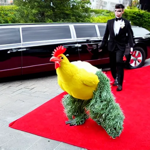 Image similar to a wide shot from a low angle of a chicken dressed in a suit stepping out of a limo and onto a red carpet