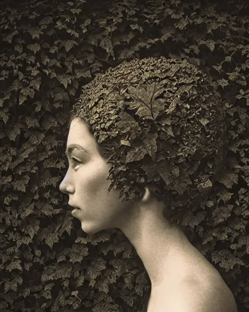 Image similar to a woman's face in profile, made of intricate decorative ivy, in the style of the dutch masters and gregory crewdson, dark and moody