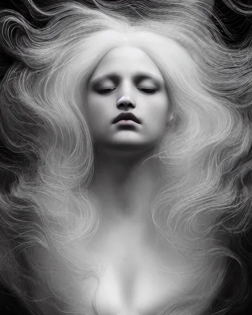 Prompt: monochrome, soft, dreamy, subsurface scattering, white, young beautiful goddess in cosmos with very long white hair floating in air, fluid smoke art, black and white, octane render, dino valls, mark ryden, joe fenton, michal karcz, highly detailed, rim light, art, cinematic lighting, very coherent, hyper realism, 8 k