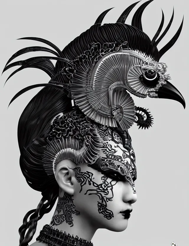 Image similar to 3 d goddess close - up profile portrait punk with mohawk with ram skull. beautiful intricately detailed japanese crow kitsune mask and clasical japanese kimono. betta fish, jellyfish phoenix, bio luminescent, plasma, ice, water, wind, creature, artwork by tooth wu and wlop and beeple and greg rutkowski