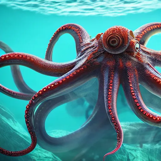 Image similar to A octopus in the ocean centered-photograph film still, dynamic action pose, National Geographic, insane detail, intricate, highly detailed, Zeiss Lens, DSLR photography, smooth, sharp focus, Unreal Engine 5, Octane Render, 85mm lens Redshift, depth of field 8K