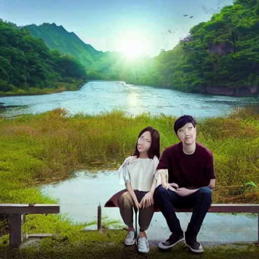 Prompt: korean guy named applecola huging his chinese girlfriend next to river, a lot of birds in background, sun and moon in background, river would be dark and slow, realistic