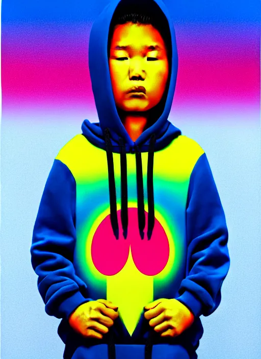Image similar to kid wearing a hoodie by shusei nagaoka, kaws, david rudnick, airbrush on canvas, pastell colours, cell shaded, 8 k,