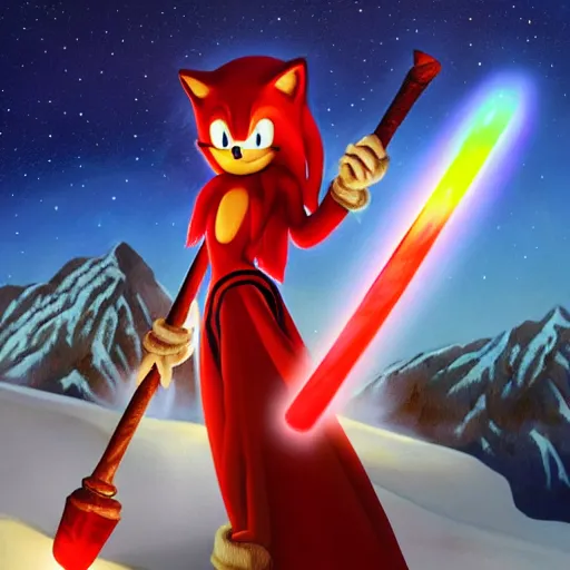 Image similar to red headed woman dressed in dark blue wizard robes holding a wooden staff covered in glowing red runes topped with a glowing gem. sonic the hedgehog stands beside her background of snowy mountains. fantasy painting.