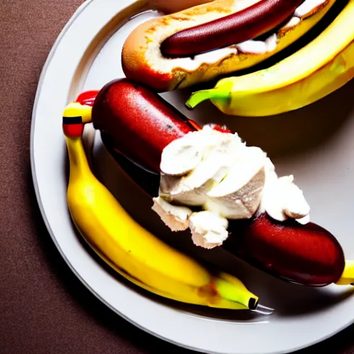 Prompt: commercial photo of a banana split with a hot dog instead of the banana, mustard, ketchup,