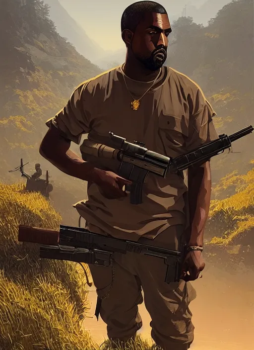 Prompt: highly detailed portrait kanye west holding rifle in gta v stephen bliss unreal engine fantasy art by greg rutkowski loish rhads ferdinand knab makoto shinkai lois van baarle ilya kuvshinov rossdraws tom bagshaw global illumination radiant light detailed intricate environment