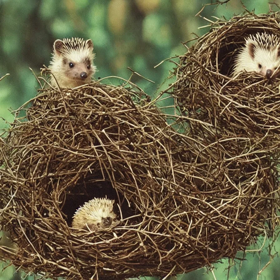 Prompt: a still from a vhs video, of a hedgehog sitting in a birds nest, in a tree