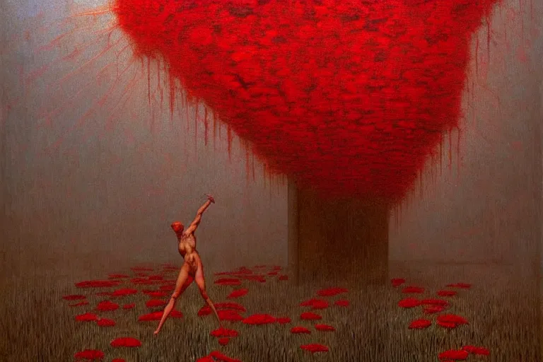 Image similar to only with red, red flowers of different types, a red tiger, a castle in the background, medieval demons dance over the flowers, an ancient path, in the style of beksinski, part by hopper, part by rodcenko, part by hofbauer, intricate composition, red by caravaggio, insanely quality, highly detailed, masterpiece, red light, artstation