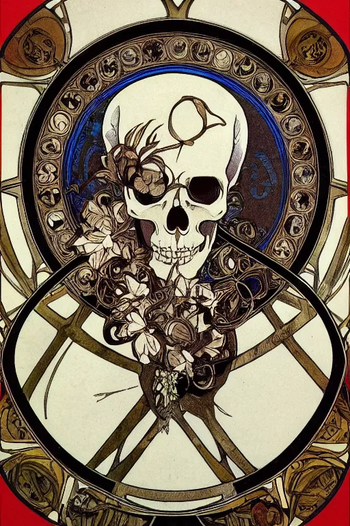 Image similar to skull in the center of a round frame, in the style of Mucha,