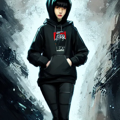 Image similar to a pale skinny white young girl with black hair, the hime cut, 1 8, in a black hoodie, and a cat, apex legends character, digital illustration portrait design, by android jones and greg rutkowski, retrowave color scheme, detailed, cinematic lighting, wide angle action dynamic portrait